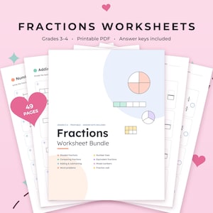 Może przedstawiać: Zestaw edukacyjnych arkuszy ćwiczeń zatytułowany Fractions Worksheet Bundle, Grades 3-4, Printable PDF, Answer keys included. Strony zawierają diagramy kół, prostokątów i osi liczbowych do nauki ułamków, porównywania, dodawania, odejmowania oraz zadań tekstowych.