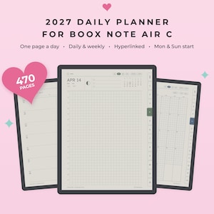 May include: A 2027 daily planner for Boox Note Air C featuring 470 pages, hyperlinked navigation, and daily and weekly views. The digital interface displays a grid layout, calendar, and date headers on a light background with a pink backdrop.