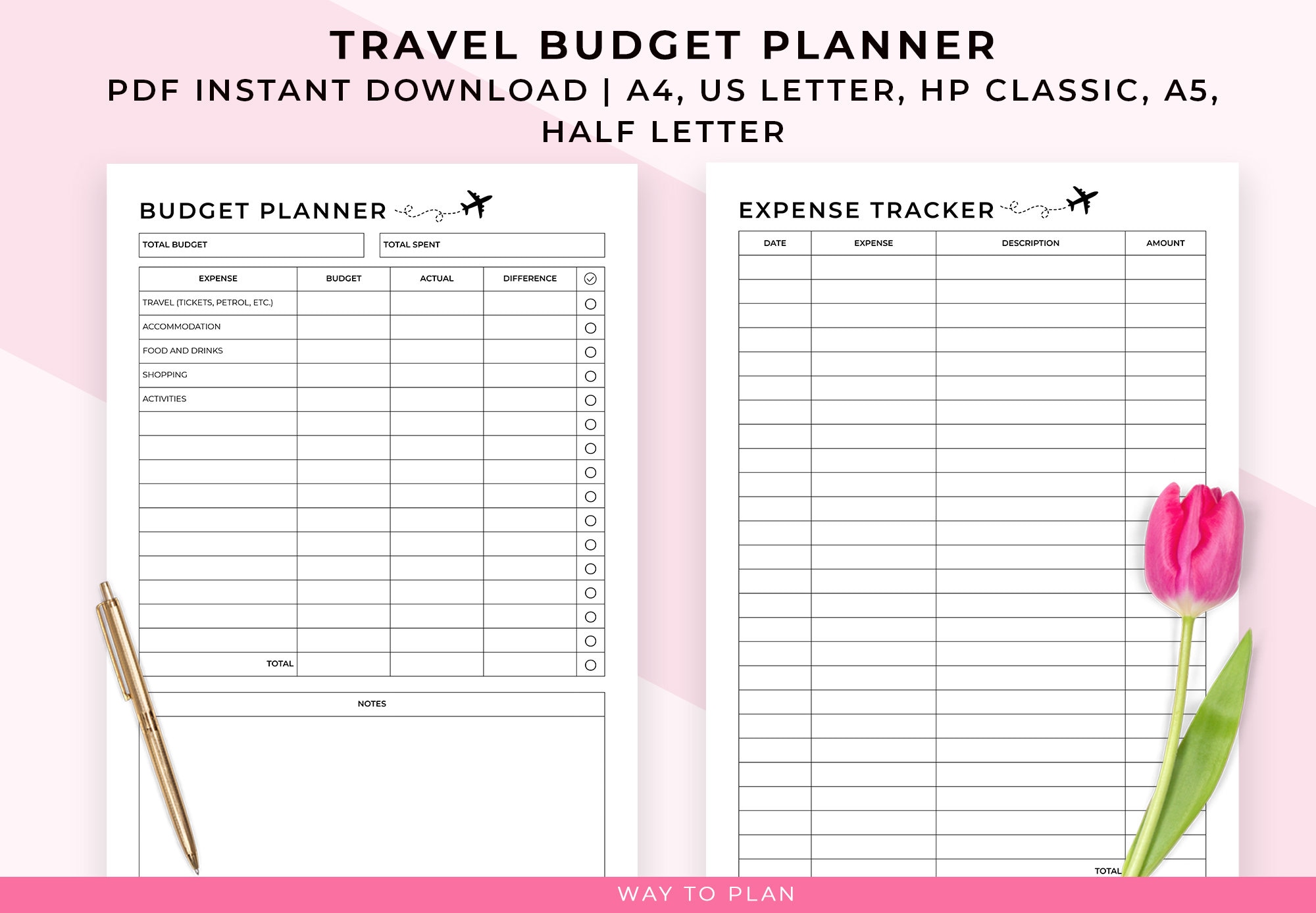 Travel Budget Planner. Travel Expense Report. Vacation Budget Sheet