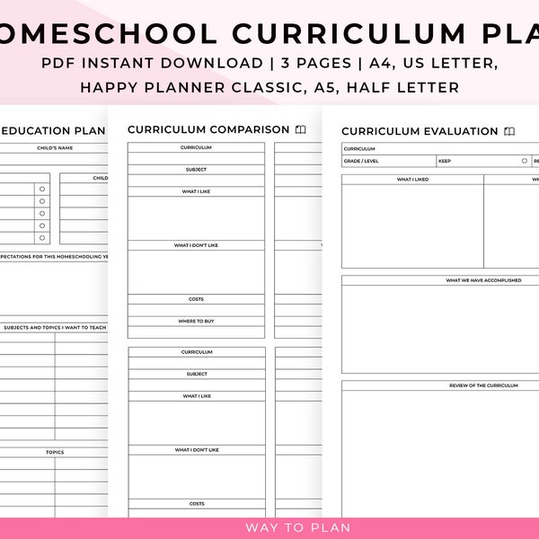 Homeschool Curriculum Planner. Printable homeschool curriculum chart. Curriculum comparison. Curriculum evaluation review. PDF insert A5 A4