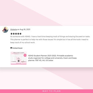 May include: A customer review on a white background, with a product image. The review is from Victoria on Aug 16, 2021, with a five-star rating. The product image is for an ADHD Student Planner 2021-2022.