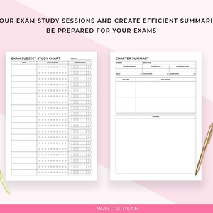 May include: A study planner with two pages. The left page is an exam subject study chart, and the right page is a chapter summary. A pink tulip and a gold pen are also in the image. Text on the image says: "TRACK YOUR EXAM STUDY SESSIONS AND CREATE EFFICIENT SUMMARIES TO BE PREPARED FOR YOUR EXAMS" and "WAY TO PLAN."