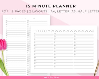 15 Minute Planner Printable for daily productivity. Minimalist planner with 15 minute increments.