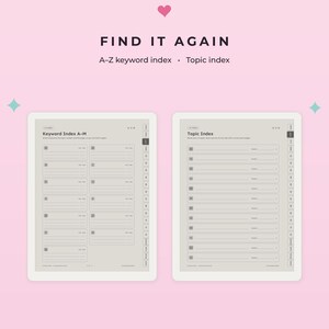 K&ouml;nnte beinhalten: Ein digitales Planer-Seitenset mit dem Titel FIND IT AGAIN, bestehend aus einem A-Z-Stichwortverzeichnis und einem Themenverzeichnis. Das Layout zeigt zwei hellgraue Seiten mit dunklem Text, Zeilen f&uuml;r Eintr&auml;ge und seitlichen Reitern.