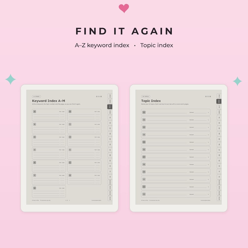 K&ouml;nnte beinhalten: Ein digitales Planer-Seitenset mit dem Titel FIND IT AGAIN, bestehend aus einem A-Z-Stichwortverzeichnis und einem Themenverzeichnis. Das Layout zeigt zwei hellgraue Seiten mit dunklem Text, Zeilen f&uuml;r Eintr&auml;ge und seitlichen Reitern.