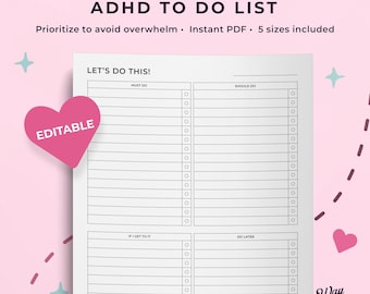 ADHD to do list printable. To-do checklist. Simple to do chart template. Daily to do lists planner check list. editable to do list