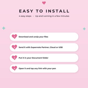 K&ouml;nnte beinhalten: Eine hellrosa Anleitungsgrafik mit dem Titel EASY TO INSTALL und vier Schritten. Jeder Schritt befindet sich in einem wei&szlig;en abgerundeten Rechteck mit einem rosa Herzsymbol. Der Text beschreibt das Herunterladen von Dateien, die Verwendung von Supernote Partner, Cloud oder USB, das Ablegen in einem Dokumentenordner und das Antippen von Links mit einem Stift.