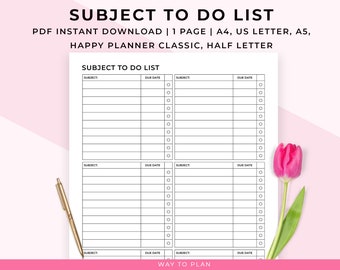 Subject to do list planner. Study task to-do checklist for school, college and university students. PDF download. Happy Planner A5 A4 Letter
