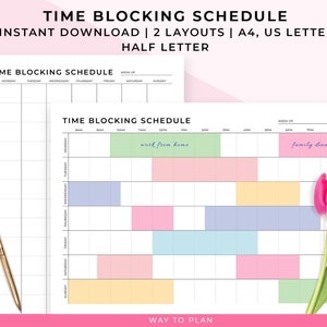 Time block schedule. Log your time by the hour for a whole week. Printable A5, A4, letter planner image 1