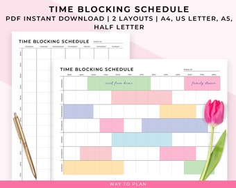 Time block schedule. Log your time by the hour for a whole week. Printable A5, A4, letter planner