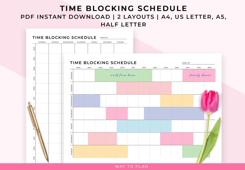 Time block schedule. Log your time by the hour for a whole week. Printable A5, A4, letter planner image 1