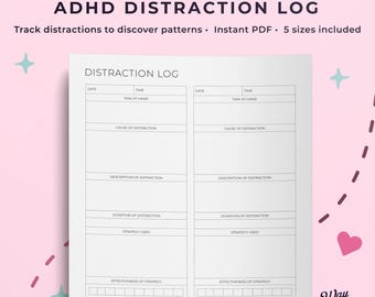 Adhd distraction log, ADHD planner for students, ADHD planner adult, ADHD planner printable