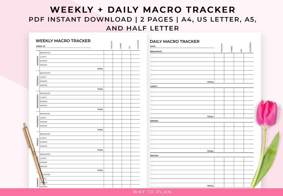 Macro Tracker Printable. Track Your Carbs, Fats, Proteins and Calories. A5 Inserts, A4, (half ...