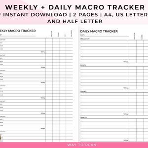 Macro tracker printable. Track your carbs, fats, proteins and calories. A5 inserts, A4, (half) letter