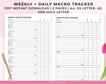 Macro tracker printable. Track your carbs, fats, proteins and calories. A5 inserts, A4, (half) letter