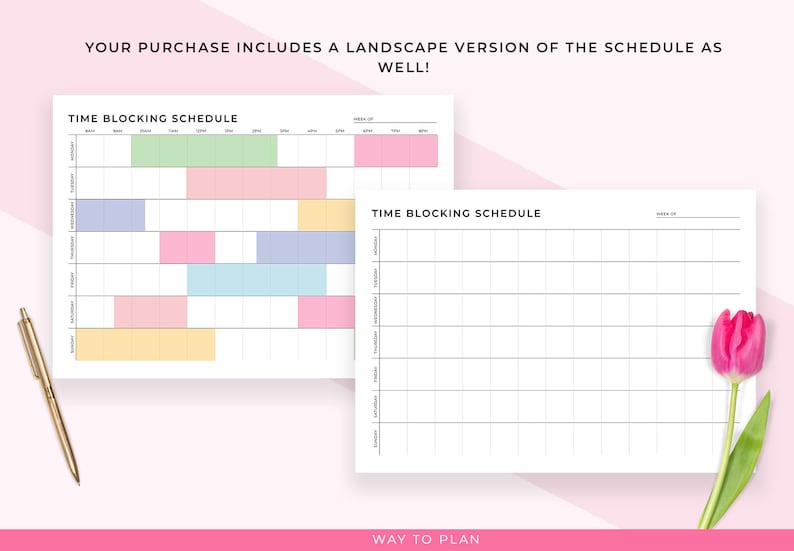 Time block schedule. Log your time by the hour for a whole week. Printable A5, A4, letter planner image 4