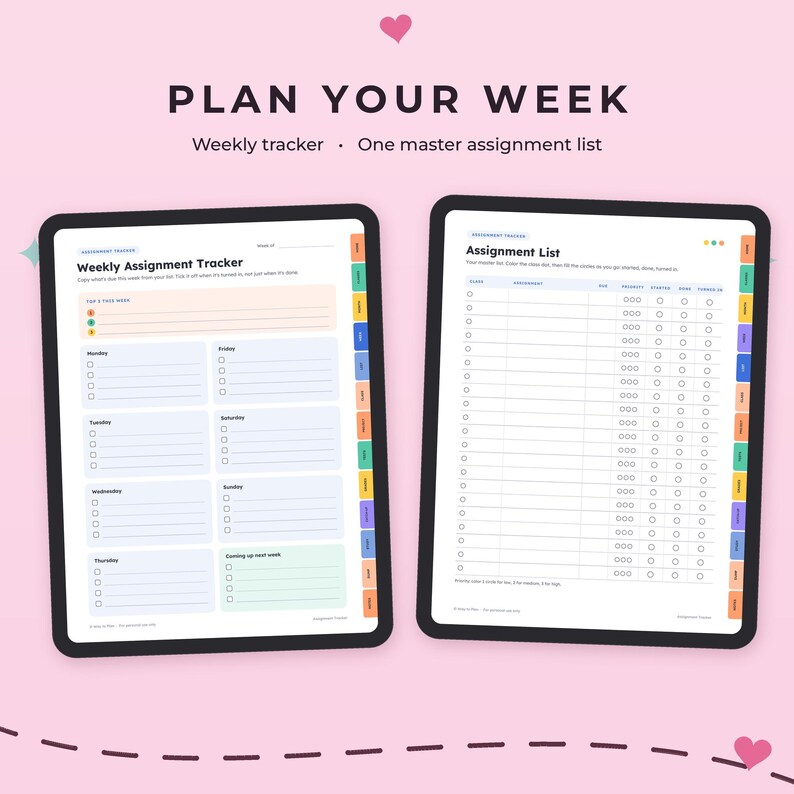 May include: Two digital tablet screens displaying a weekly assignment tracker and a master assignment list. The layouts feature colorful tabs, checkboxes, and organized columns for tracking tasks, with text headers including PLAN YOUR WEEK.