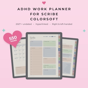 May include: Digital ADHD work planner for Scribe Colorsoft with 550 pages, 2027 and undated calendars, hyperlinked tabs, and layouts for right and left-handed users. The interface features pastel-coloured task boxes and daily schedules.