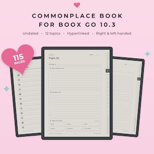 Può includere: Un taccuino digitale per Boox Go 10.3 con 115 pagine, 12 argomenti e navigazione tramite collegamenti ipertestuali. L'interfaccia presenta layout senza data, sezioni a righe per appunti e opzioni per destrorsi e mancini su sfondo grigio chiaro.
