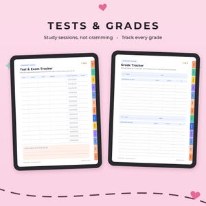 May include: Two digital tablet screens displaying a Tests & Grades planner. The left screen shows a Test & Exam Tracker with columns for date, class, topic, and study sessions. The right screen shows a Grade Tracker with fields for class and score.