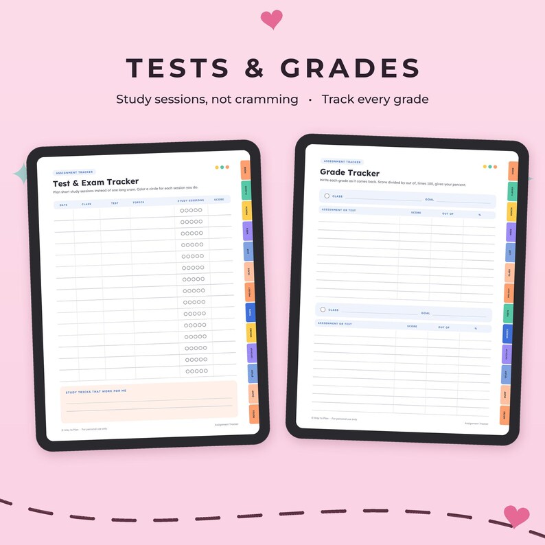 May include: Two digital tablet screens displaying a Tests & Grades planner. The left screen shows a Test & Exam Tracker with columns for date, class, topic, and study sessions. The right screen shows a Grade Tracker with fields for class and score.