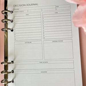 K&ouml;nnte beinhalten: Ein wei&szlig;es Entscheidungsjournal mit schwarzem Titel und &Uuml;berschriften. Das Journal ist in Abschnitte f&uuml;r Entscheidung, m&ouml;gliche Optionen, Vor- und Nachteile, Bauchgef&uuml;hl, externe Faktoren, endg&uuml;ltige Entscheidung und Begr&uuml;ndung unterteilt. Es gibt 10 Zeilen f&uuml;r jeden Abschnitt.
