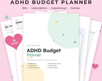 Könnte beinhalten: Ein 19-seitiges ADHD Budget Planner Dokumentenset mit einem weißen Deckblatt, pastellfarbenen Kreisen, dem Text ADHD Budget Planner sowie Abschnitten für Rechnungen, Abonnements, Impulskäufe und Spar-Tracker auf hellrosa Hintergrund.