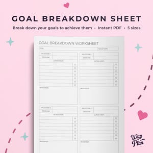 Puede incluir: Una hoja de trabajo imprimible para desglosar objetivos con cuatro secciones para hitos, plazos, pasos de acción y recursos. La hoja de trabajo se titula "Goal Breakdown Worksheet" y tiene el texto "Way to Plan" en la parte inferior.