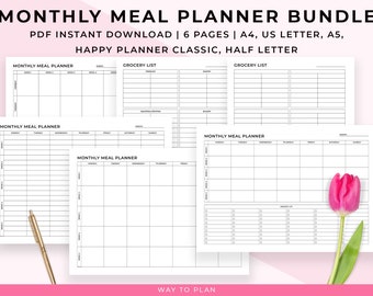 monthly meal planner, monthly meal plan and grocery list, monthly meal planner Sunday start, monthly meal planner printable, PDF, A4