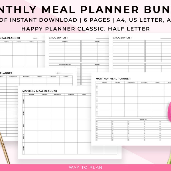 monthly meal planner, monthly meal plan and grocery list, monthly meal planner Sunday start, monthly meal planner printable, PDF, A4