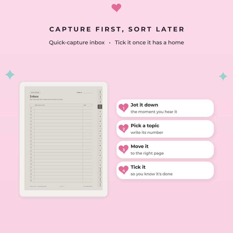 K&ouml;nnte beinhalten: Eine digitale Planerseite mit dem Titel Inbox, die eine Liste mit Kontrollk&auml;stchen und Zeilen enth&auml;lt. Rechts daneben befinden sich vier rosa Herzsymbole, die von eins bis vier nummeriert sind und Anweisungen auf hellrosa Hintergrund auflisten.