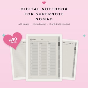 Può includere: Un taccuino digitale per Supernote Nomad con 490 pagine, navigazione tramite collegamenti ipertestuali e supporto per destrorsi e mancini. L'interfaccia mostra una pagina argomento con opzioni a righe, a punti e a griglia con schede numerate.