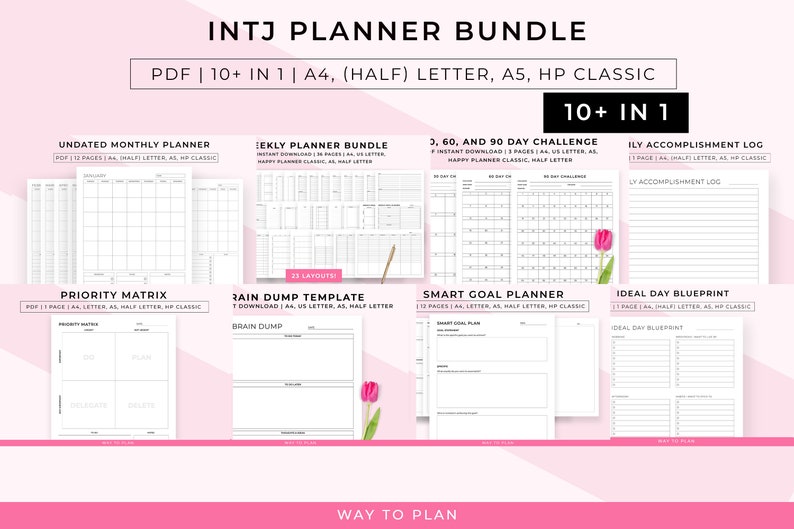 Op de afbeelding: Een digitale plannerbundel voor INTJ-persoonlijkheidstypen. De bundel bevat meer dan 10 afdrukbare planners in PDF-formaat, waaronder een maandplanner, een weekplanner, een dagplanner, een prioriteitenmatrix, een braindump-sjabloon, een slimme doelplanner, een ideale dagschema en een prestatiejournaal. De planners zijn beschikbaar in de formaten A4, (half) brief, A5 en HP Classic.