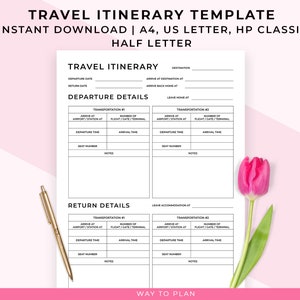 Modelo de itinerário de viagem. Planejador de itinerário de viagem. Itinerário de férias. Itinerário de vôo. Inserção de planejador para impressão. PDF A5, A4, Carta