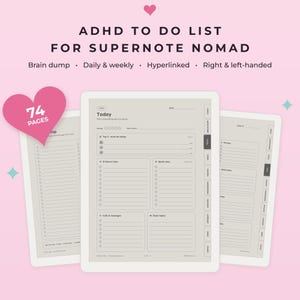Könnte beinhalten: Eine digitale ADHS-To-Do-Liste für Supernote Nomad mit 74 Seiten, Brain-Dump, täglichen und wöchentlichen Layouts, Hyperlink-Navigation sowie Optionen für Rechts- und Linkshänder mit verschiedenen Aufgabenbereichen.