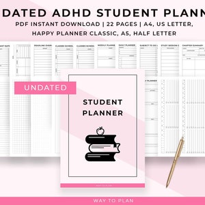 May include: A pink and white undated student planner with the text "Student Planner" and a stack of books with an apple on top. The planner includes pages for important dates, class schedules, and daily planning. The text "Way to Plan" is at the bottom.