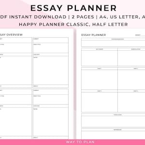 Essay template planner. Printable essay outline. Essay writing guide. College, university, high school students. PDF download A5, A4, Letter