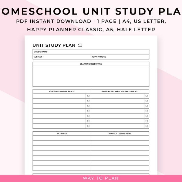 Homeschool unit study template. Printable unit study planner. Homeschool lesson plan. Units studies plan. Happy Planner insert A5 A4 Letter
