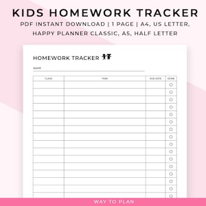Kid homework planner printable. Child homework tracker schedule. Mom life. Mom planner. Kids planner. Happy Planner insert A5 A4 Letter PDF