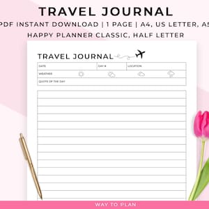 Diário de viagem para imprimir. Diário de memória de viagem. Diário de férias. Páginas de memórias de viagem. Baixar PDF. Inserção do Happy Planner, A5, Carta dos EUA