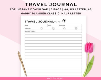 Travel journal printable. Travel memory journal. Vacation journal. Travel memories pages. PDF download. Happy Planner insert, A5, US Letter