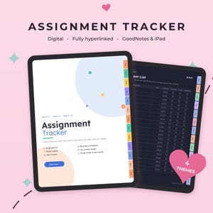 Op de afbeelding: Een digitale opdrachten-tracker weergegeven op twee tablets. Het linkerscherm toont een witte interface met de tekst Assignment Tracker, terwijl het rechterscherm een opdrachtenlijst in donkere modus toont, beide met gekleurde zijtabbladen.
