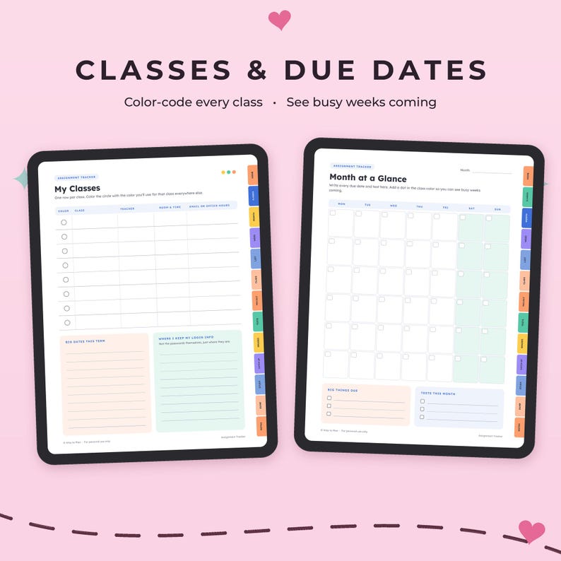 May include: Two digital tablet screens displaying academic planners. The left screen shows a My Classes table with color-coded circles. The right screen shows a Month at a Glance calendar grid. Both feature side tabs and pastel-colored sections.