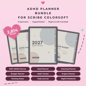 May include: A digital ADHD planner bundle for Scribe Colorsoft featuring 2,814 pages, 9 hyperlinked planners, and right and left-handed layouts. The set includes a 2027 ADHD planner, budget, meal, cleaning, project, habit tracker, journal, and notebook.