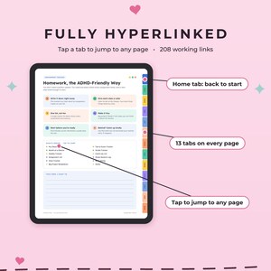 May include: A digital planner page titled Homework, the ADHD-Friendly Way, featuring a list of six numbered steps, a section for class tracking, and a lined area for notes. The interface includes thirteen colored side tabs for navigation.