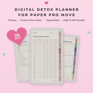 Może przedstawiać: Cyfrowy planer detoksu dla Paper Pro Move zawierający 25 stron, 30-dniowy monitor czasu przed ekranem i hiperłącza. Interfejs obejmuje 30-dniowy tracker detoksu, zasady korzystania z telefonu oraz menu przewijania dla prawo- i leworęcznych.