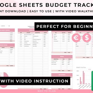 Simple Budget Spreadsheet Google Sheets. Monthly Budget Template. Income Expense Bill Tracker. Pink Personal Finance Planner Debt Free