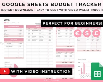 Simple Budget Spreadsheet Google Sheets. Monthly Budget Template. Income Expense Bill Tracker. Pink Personal Finance Planner Debt Free