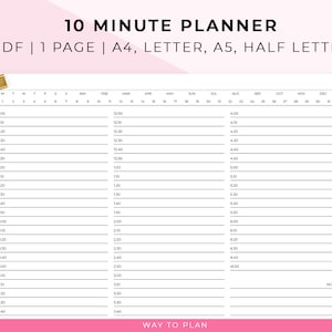 May include: A printable 10-minute planner with a monthly calendar at the top and hourly time slots from 8:00 AM to 11:40 AM on the left side and 4:00 PM to 6:50 PM on the right side. The planner is designed for use with A4, Letter, A5, and Half Letter paper sizes.