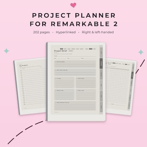 May include: A digital project planner for Remarkable 2 with 202 pages, hyperlinked navigation, and options for right and left-handed users. The interface displays a Project Brief template with fields for project goals, tasks, and requirements.